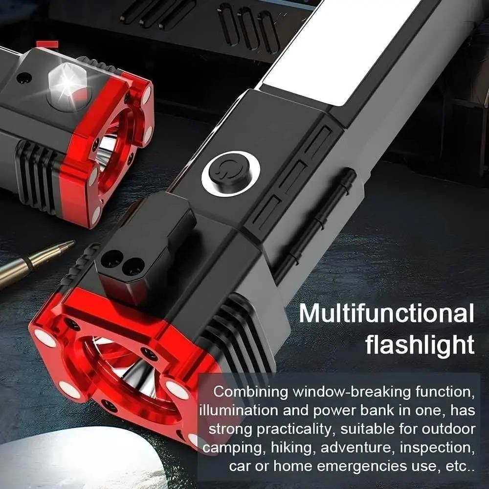 Multifunction Rechargeable Emergency Flashlight with Solar, Power Bank & Safety Tools