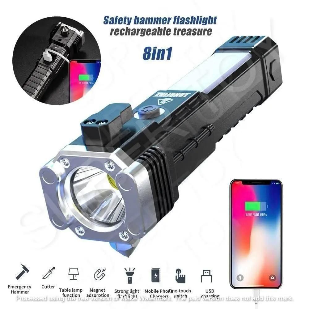Multifunction Rechargeable Emergency Flashlight with Solar, Power Bank & Safety Tools